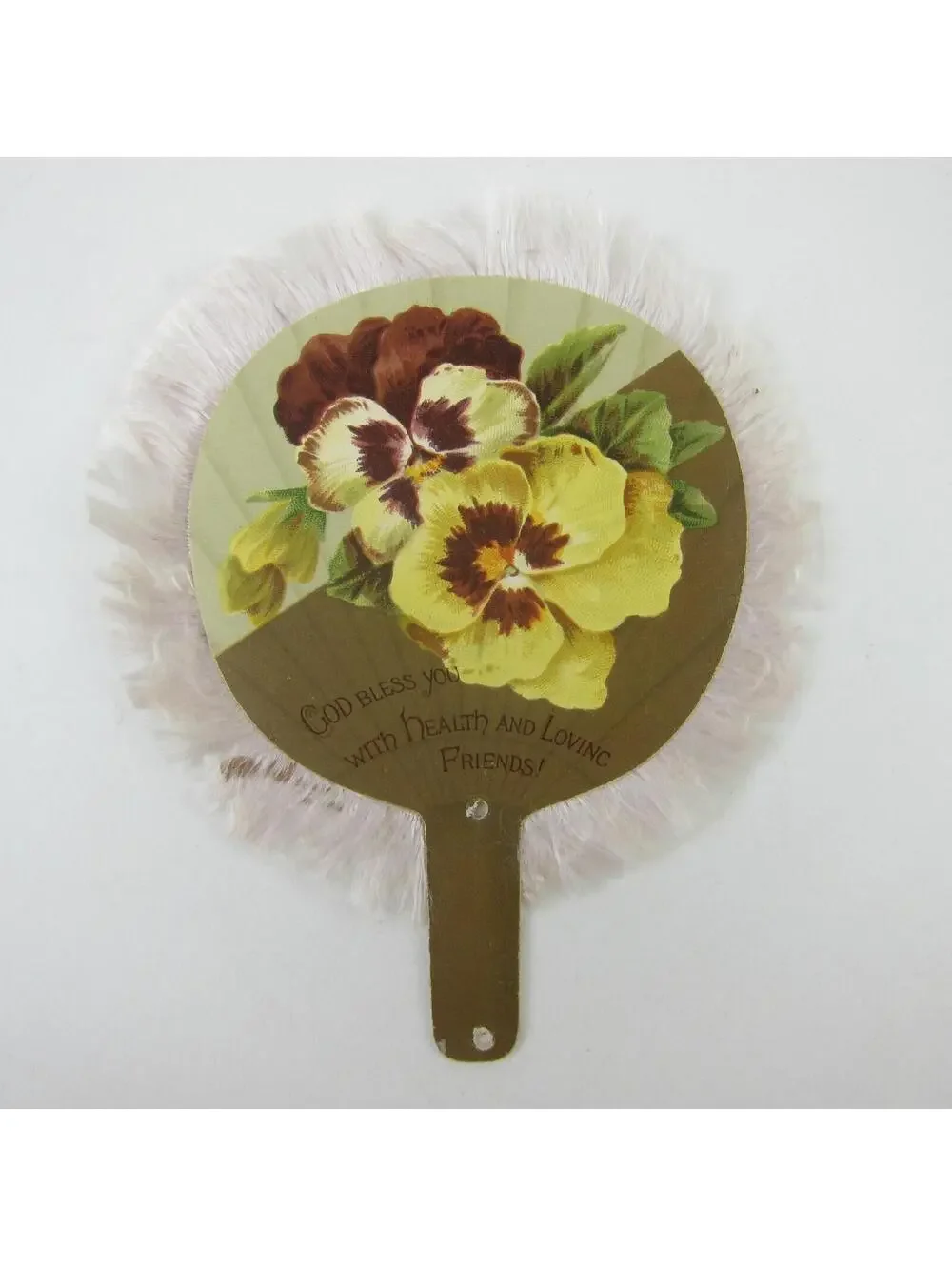 Victorian Greeting Card Hand Fan Yellow Pansy Flowers White Fringe Antique